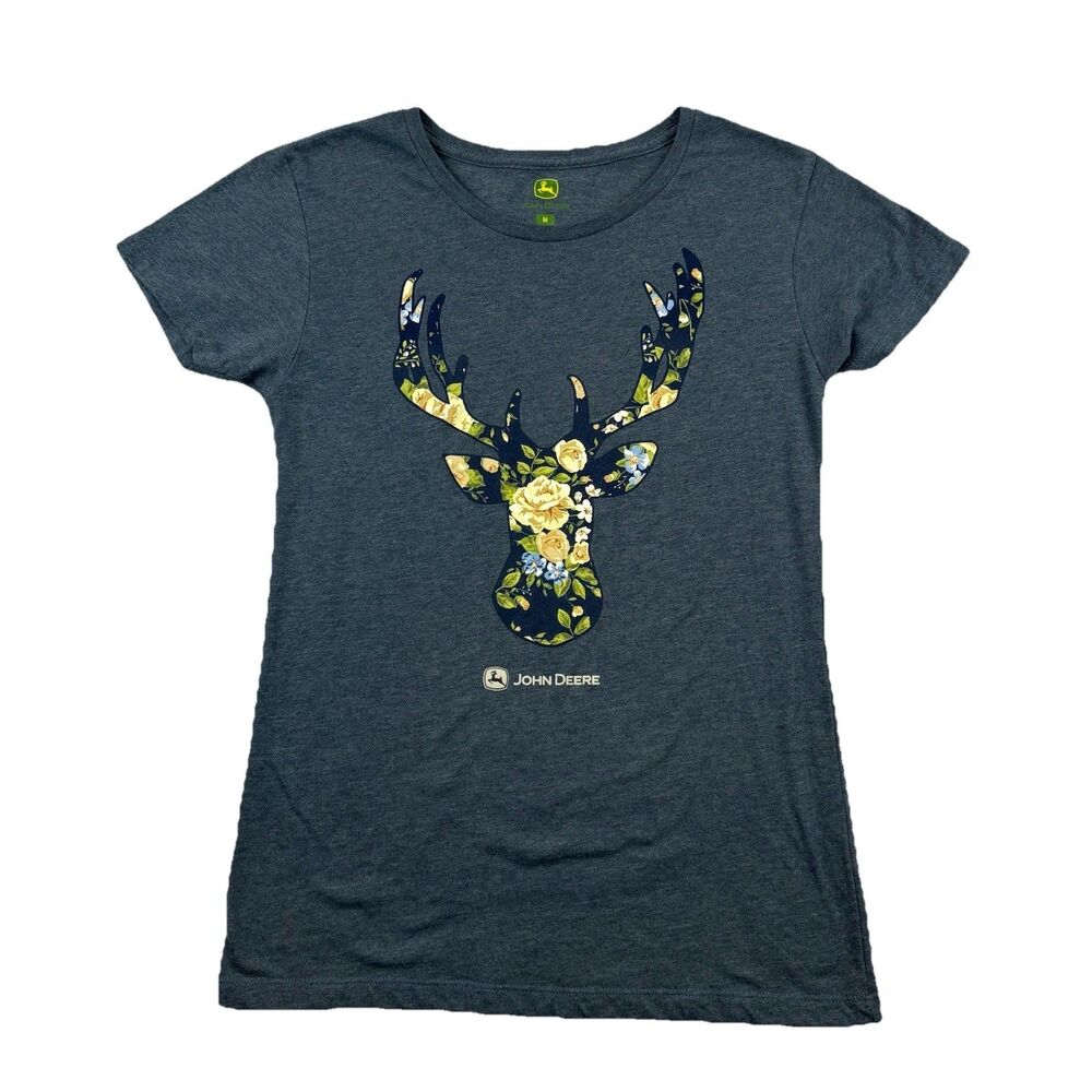 John Deere Floral Stag Head Outline T Shirt Womens M Gray Short Sleeve NWOT
